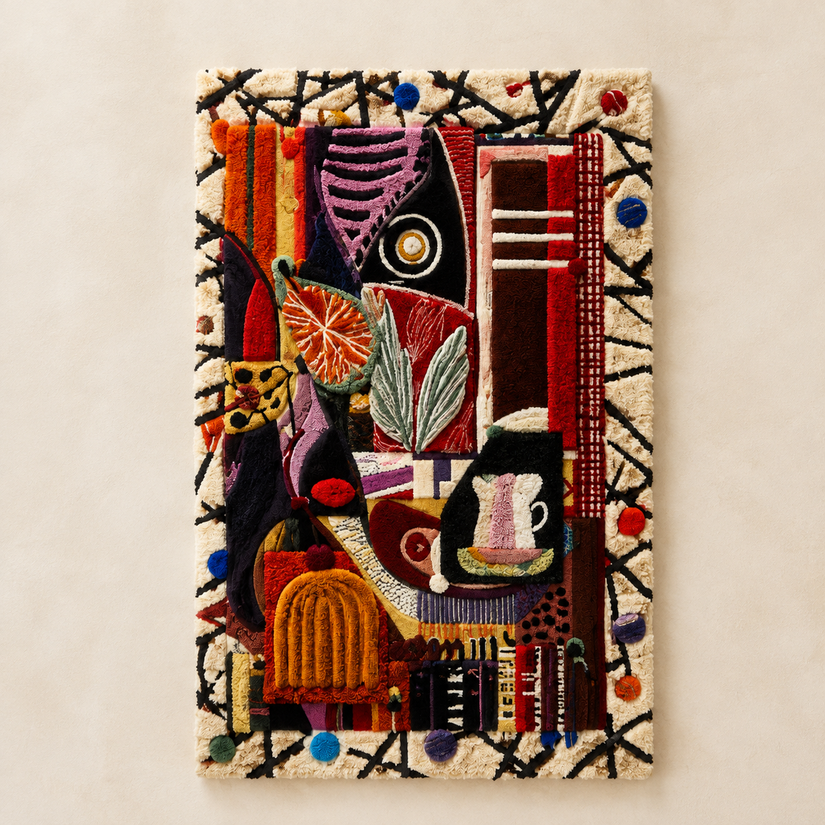Hewn Earth Market Table Tapestry wall art featuring a vibrant, detailed market scene with colorful produce and rustic design.