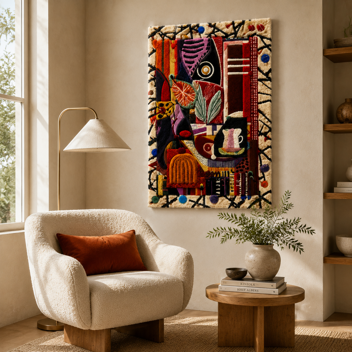 Hewn Earth Market Table tapestry wall art featuring a detailed, colorful market scene on fabric wall décor.