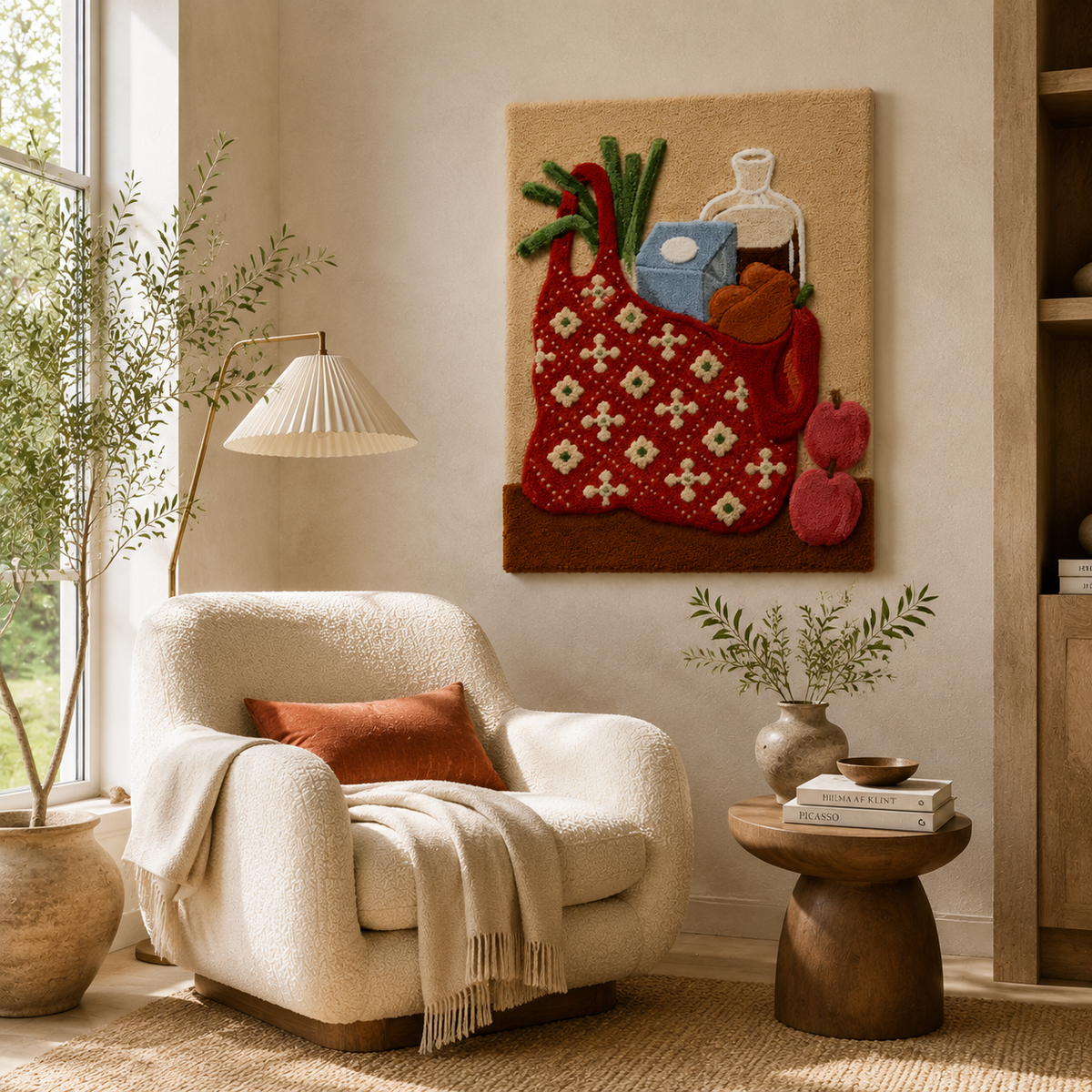 Red Market Tote wall art by Hewn Earth, featuring a vibrant, detailed depiction of a tote bag on a neutral background.