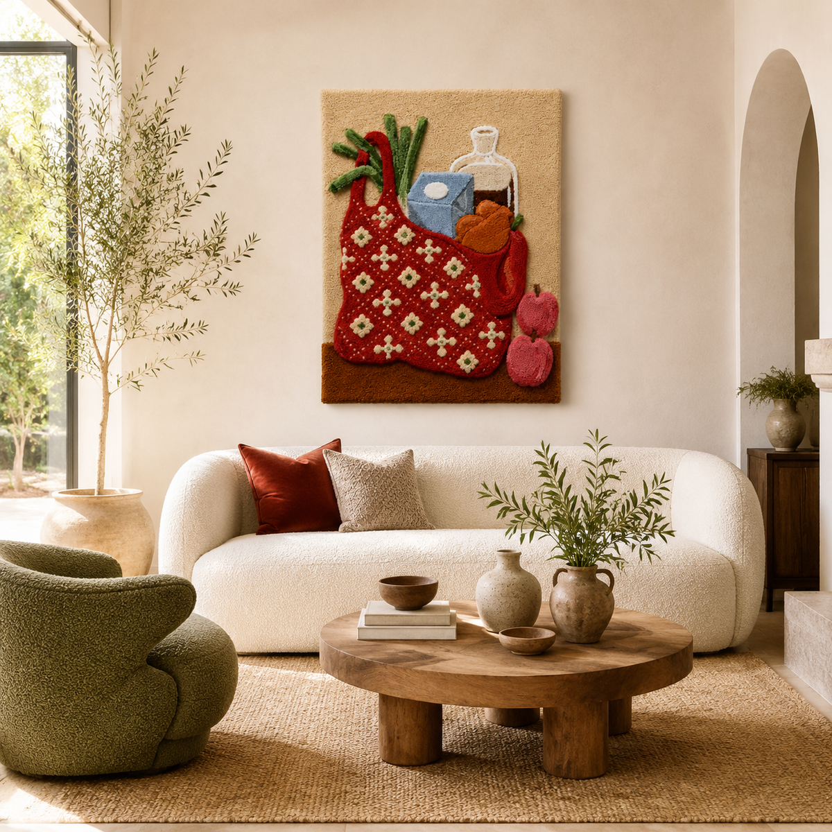 Red Hewn Earth Market Tote wall art featuring a vibrant red tote bag with detailed botanical illustrations.