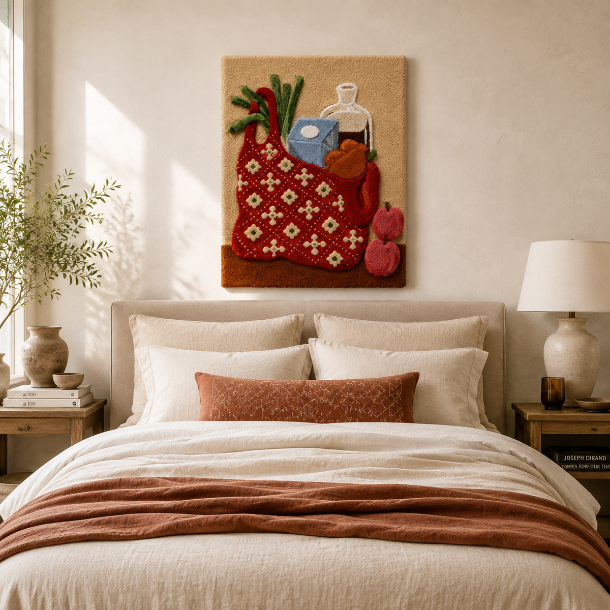 Red Market Tote wall art by Hewn Earth featuring a vibrant, detailed illustration of a tote bag on a neutral background.