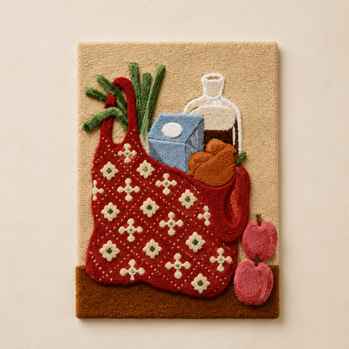 Red Market Tote wall art by Hewn Earth featuring a vibrant, detailed illustration of a classic red tote bag on a neutral background.