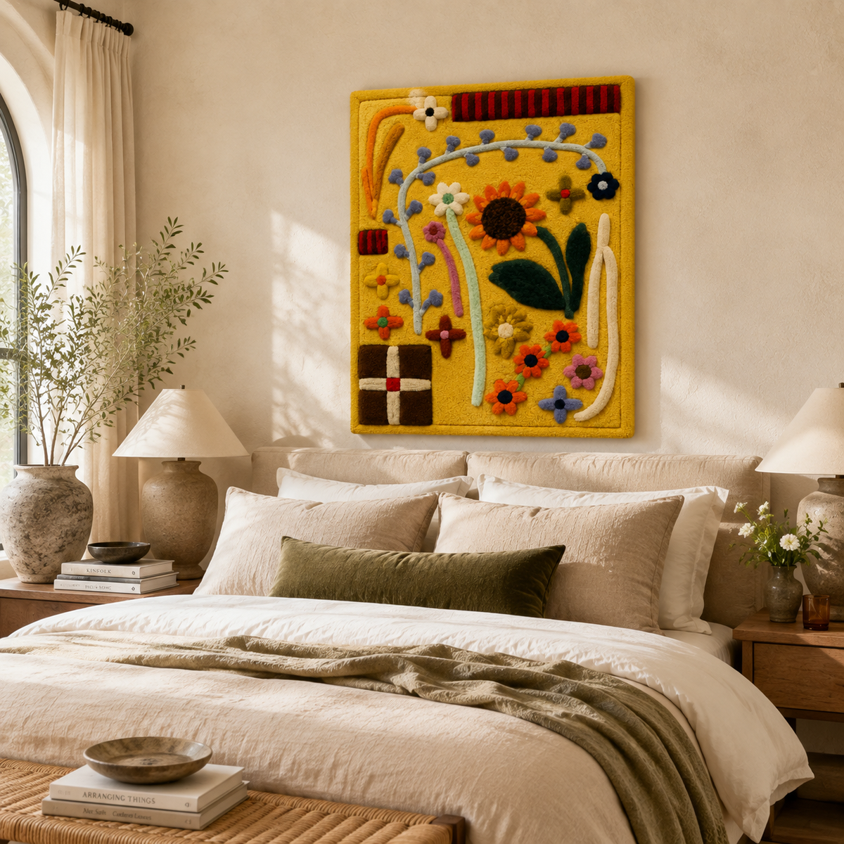 Hewn Earth sunflower tile garden wall art with vibrant yellow sunflower design on a textured surface.