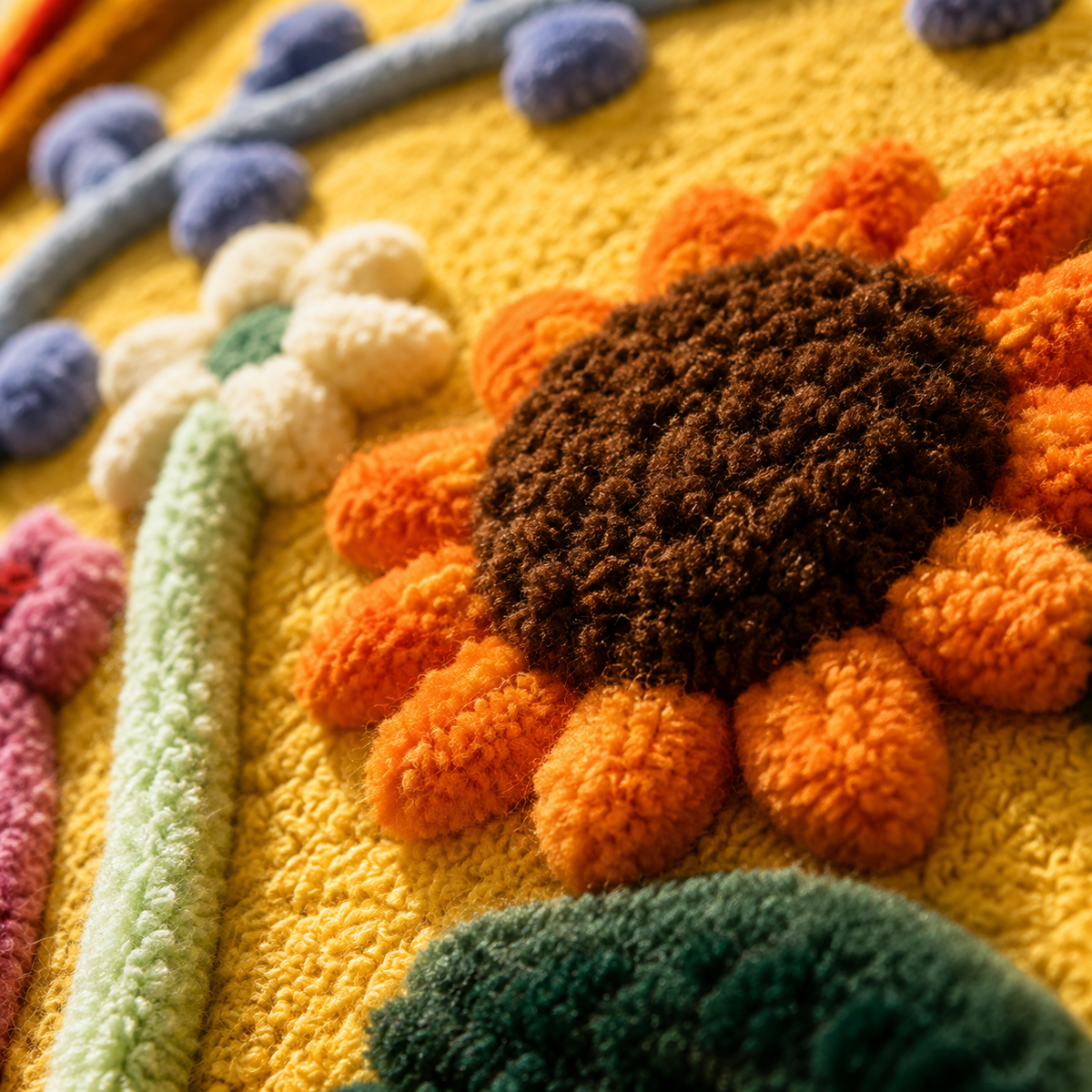 Close-up of Hewn Earth sunflower tile garden wall art showing vibrant sunflower design and detailed ceramic craftsmanship.