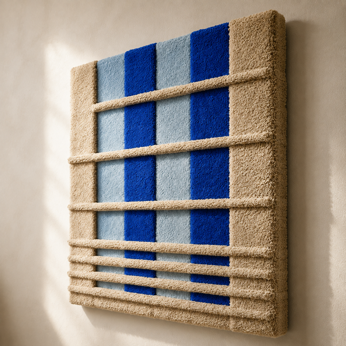 Blue Shutter Rhythm wall art by Hewn Earth featuring a vibrant blue shutter design on a textured surface.