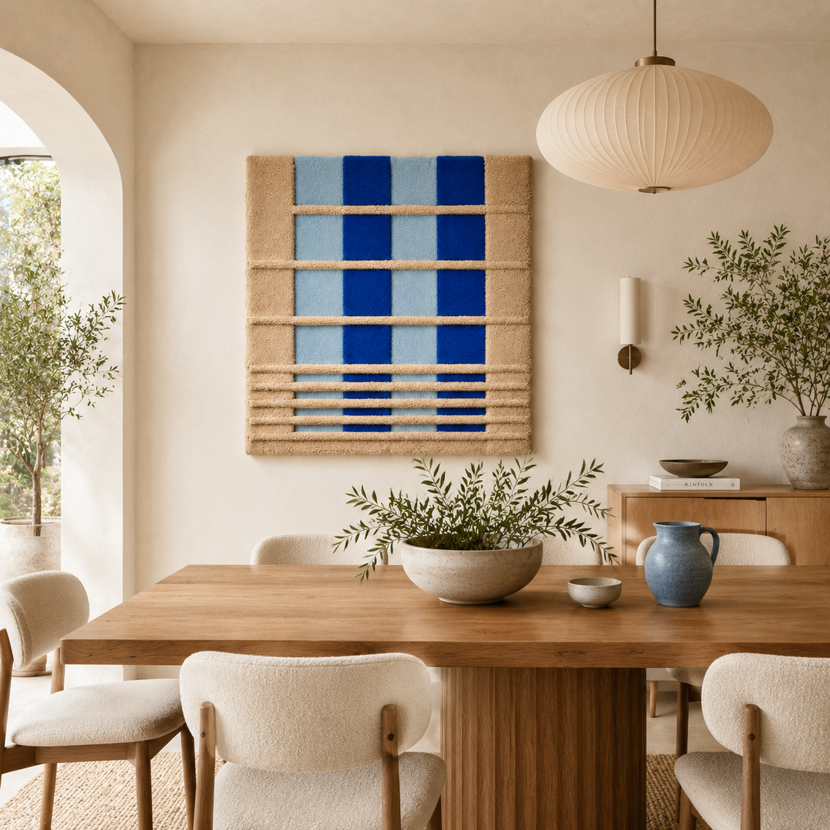 Close-up of Blue Shutter Rhythm wall art by Hewn Earth, showcasing textured blue and white abstract design on a wall.