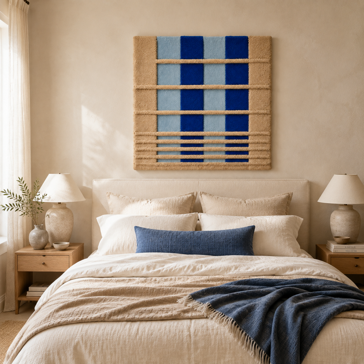 Blue Shutter Rhythm wall art by Hewn Earth featuring abstract blue and gray geometric shapes on a textured background.