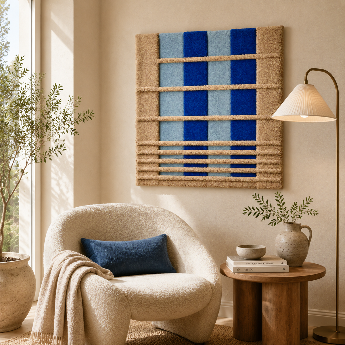 Blue Shutter Rhythm wall art by Hewn Earth featuring abstract blue and white geometric shapes on a neutral background.