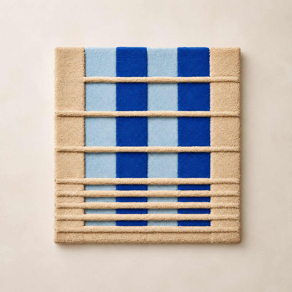 Blue Shutter Rhythm wall art by Hewn Earth featuring abstract shutter design in shades of blue and textured details.