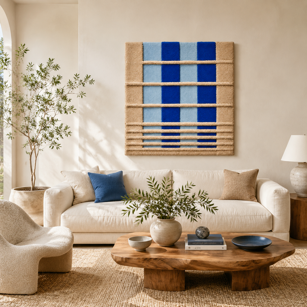 Blue Shutter Rhythm wall art by Hewn Earth featuring abstract blue and neutral tones on a textured background.