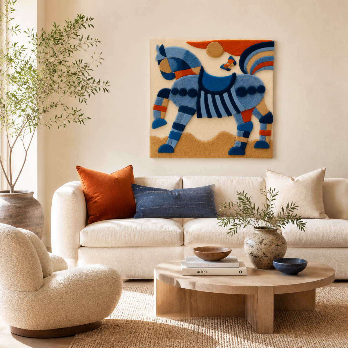 Blue horse wall art by Hewn Earth featuring a dynamic, flowing horse design in a modern wall decor style.