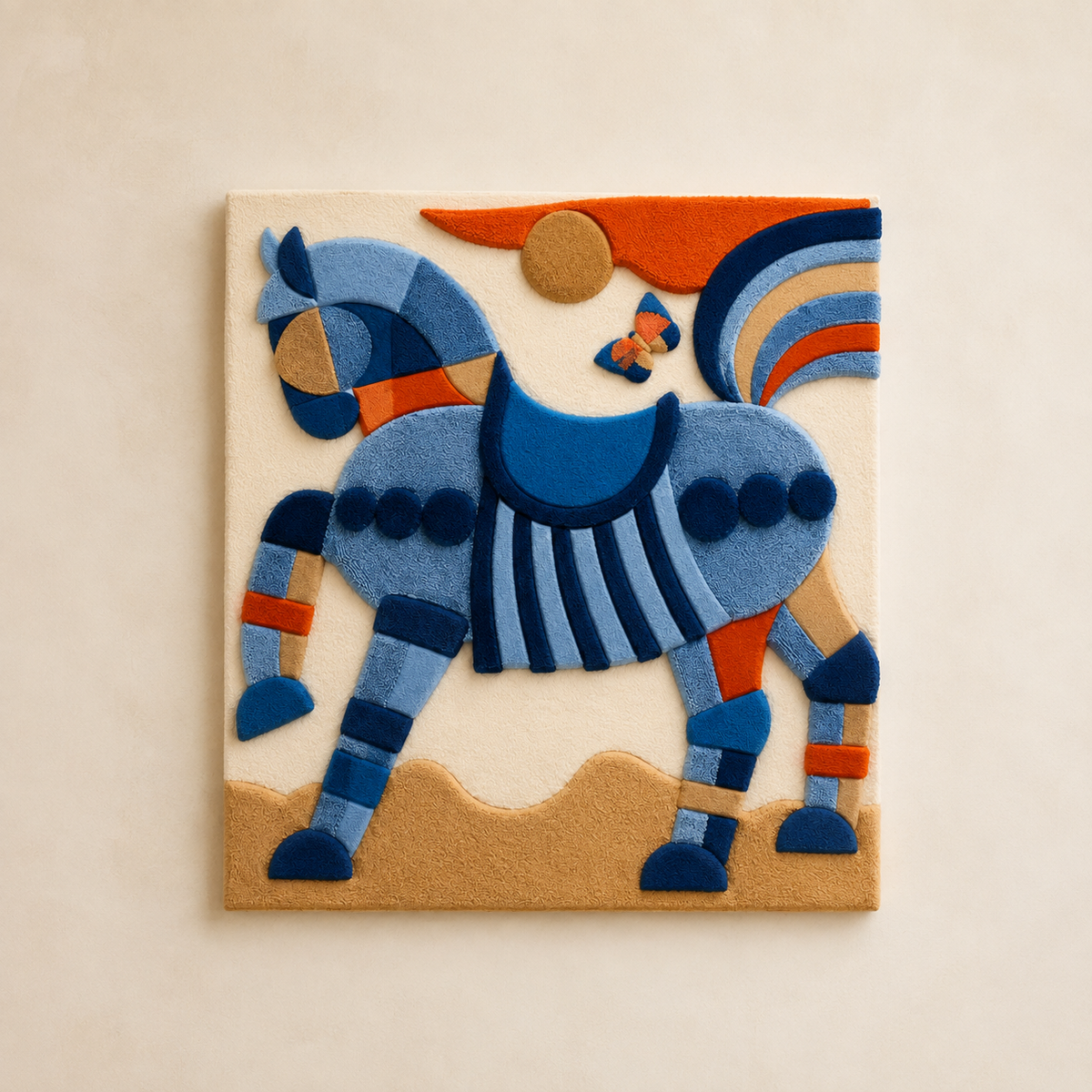 Blue horse in motion wall art by Hewn Earth, featuring a dynamic, artistic depiction of a horse in vibrant blue tones.