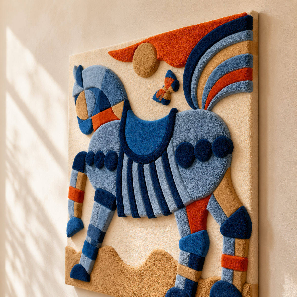 Blue horse wall art by Hewn Earth featuring a dynamic, moving horse depicted in vibrant blue on a decorative wall art piece.