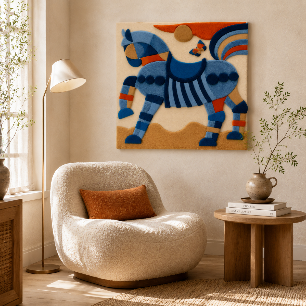 Blue horse wall art by Hewn Earth, showcasing a dynamic, abstract horse in motion on a sleek blue background.
