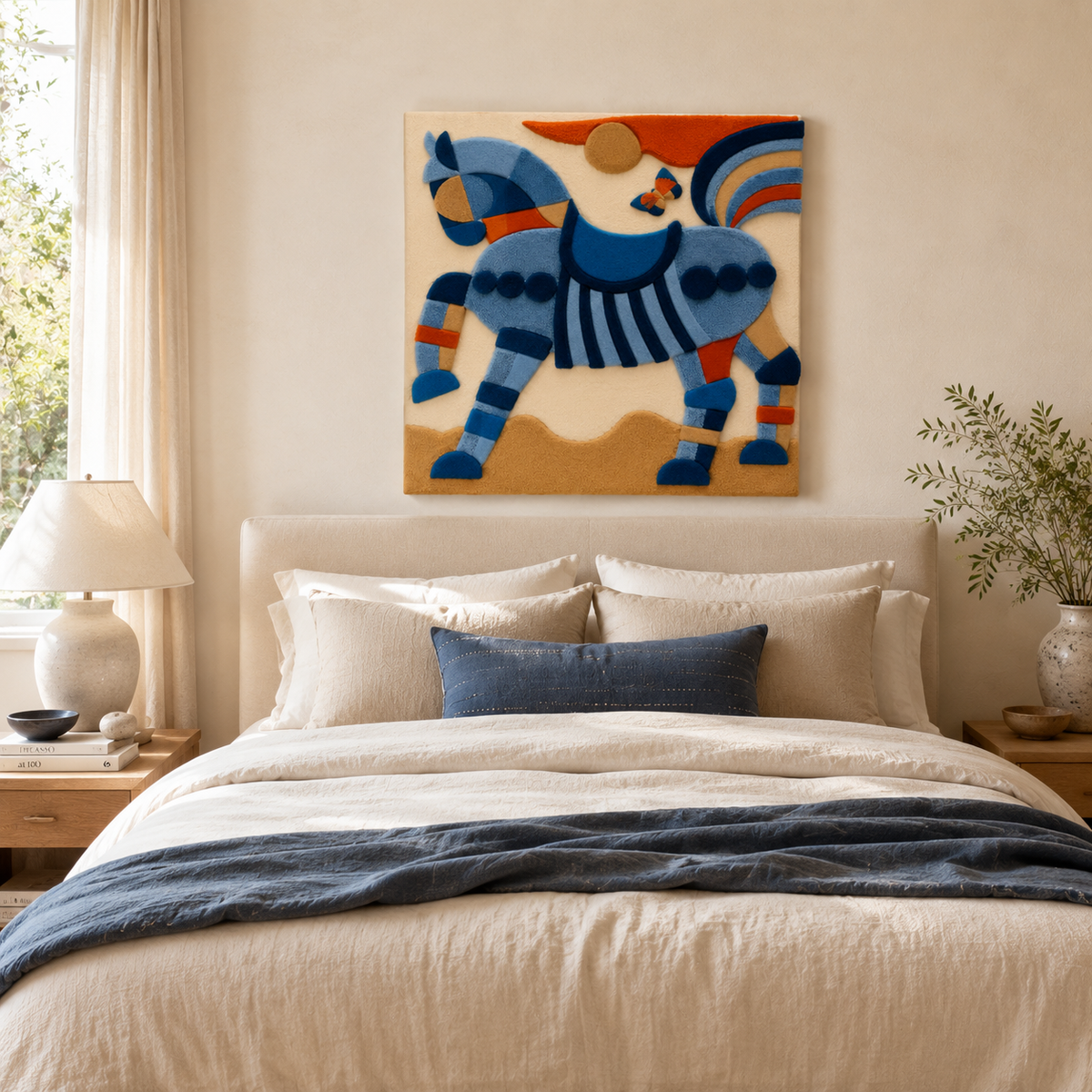 Blue horse wall art by Hewn Earth featuring a dynamic, abstract horse in motion on a neutral background.