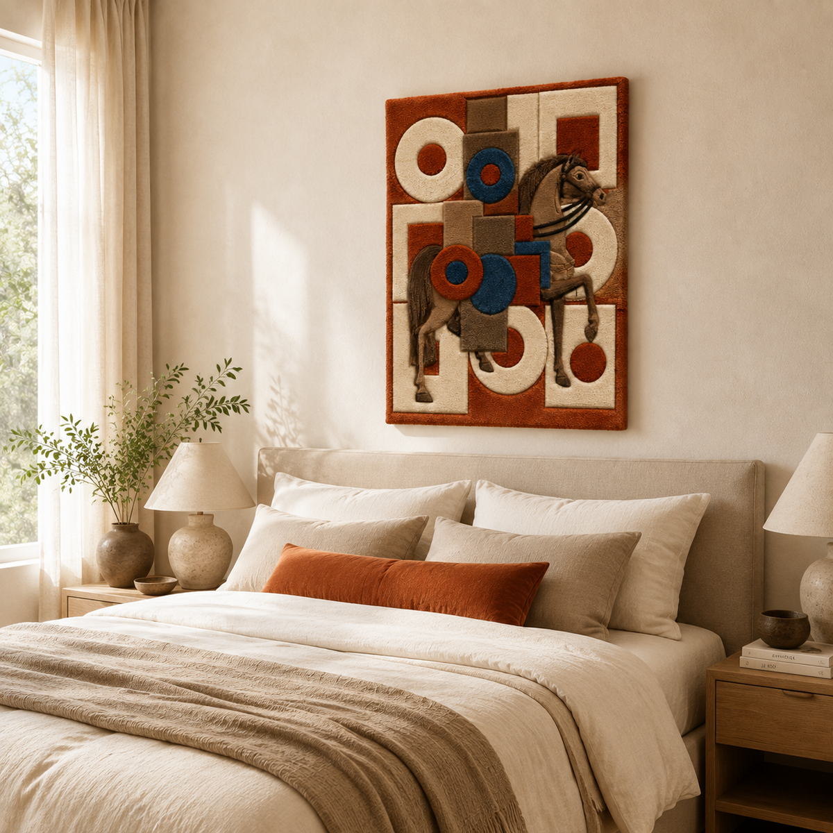 Hewn Earth Bauhaus Riding School wall art featuring geometric shapes and abstract design in neutral tones.