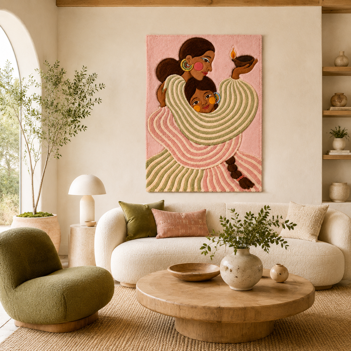 Hewn Earth Tender Circle wall art featuring a circular abstract design in soft earthy tones on a wall.