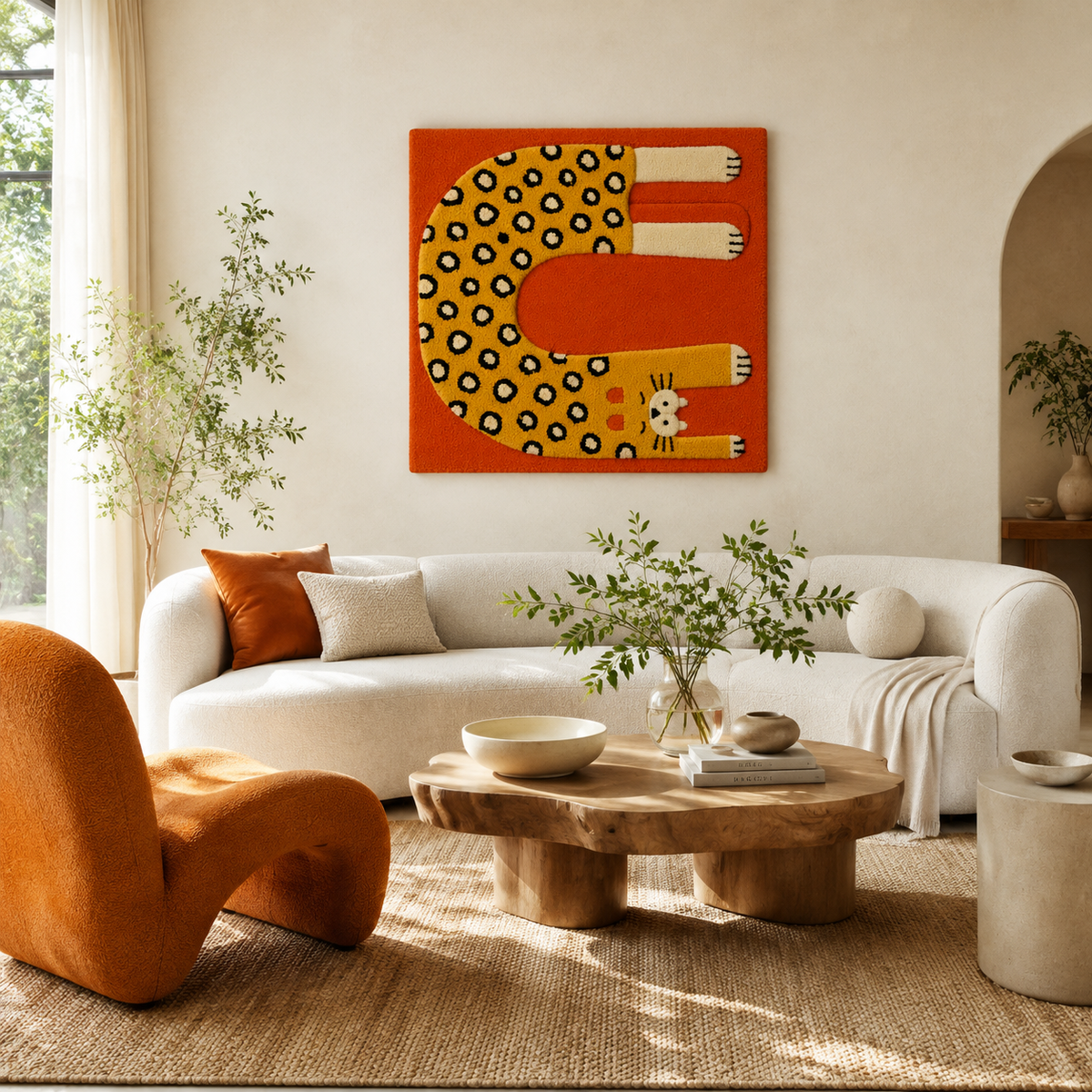 Hewn Earth Leopard Loop wall art featuring a stylized leopard design on a neutral background, suitable for modern home decor.