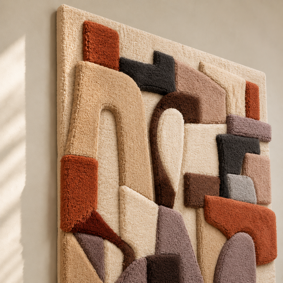 Hewn Earth Soft Geometry Assembly wall art featuring abstract, colorful geometric shapes on a white background.