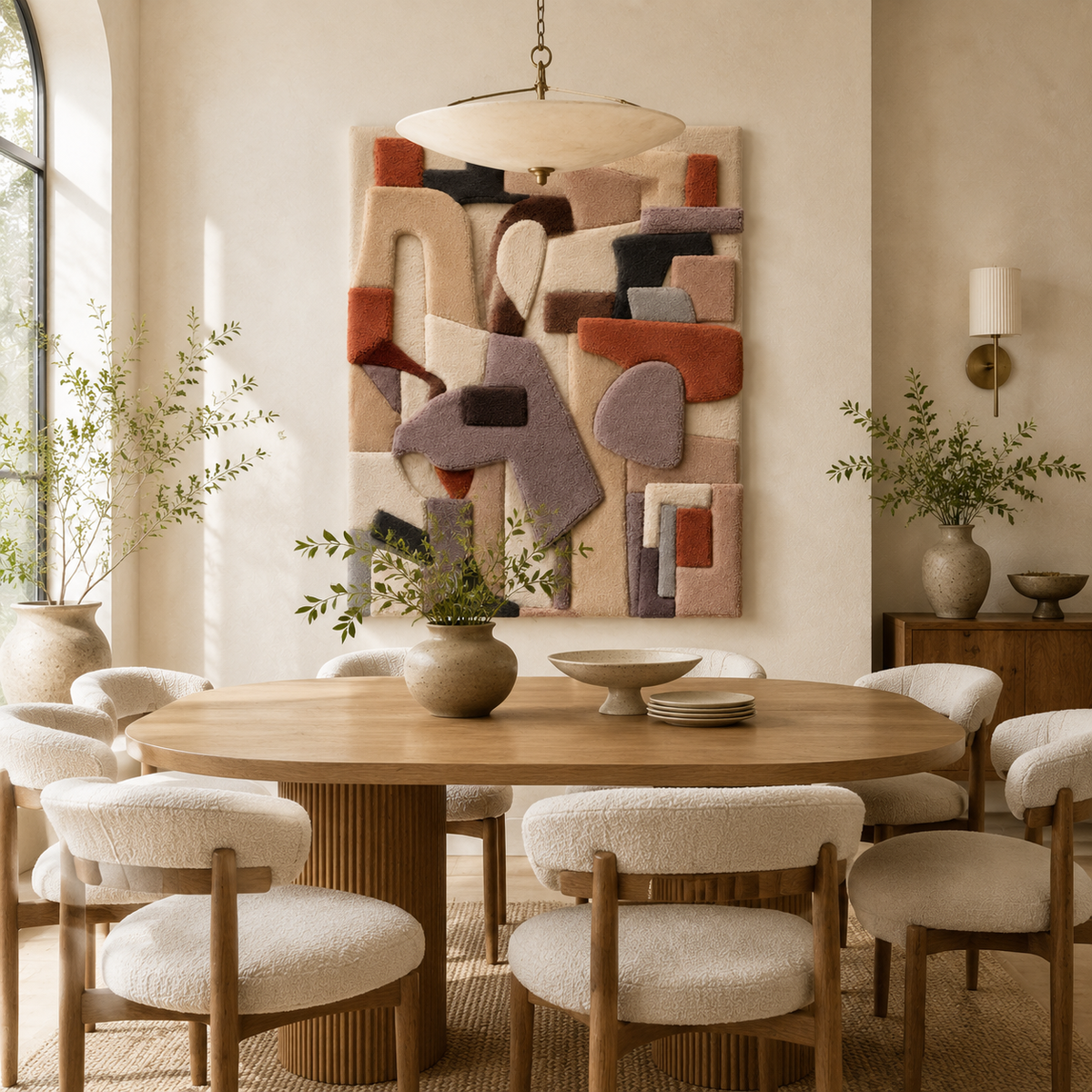 Hewn Earth Soft Geometry Assembly wall art featuring abstract geometric shapes in neutral tones, suitable for modern interior decor.