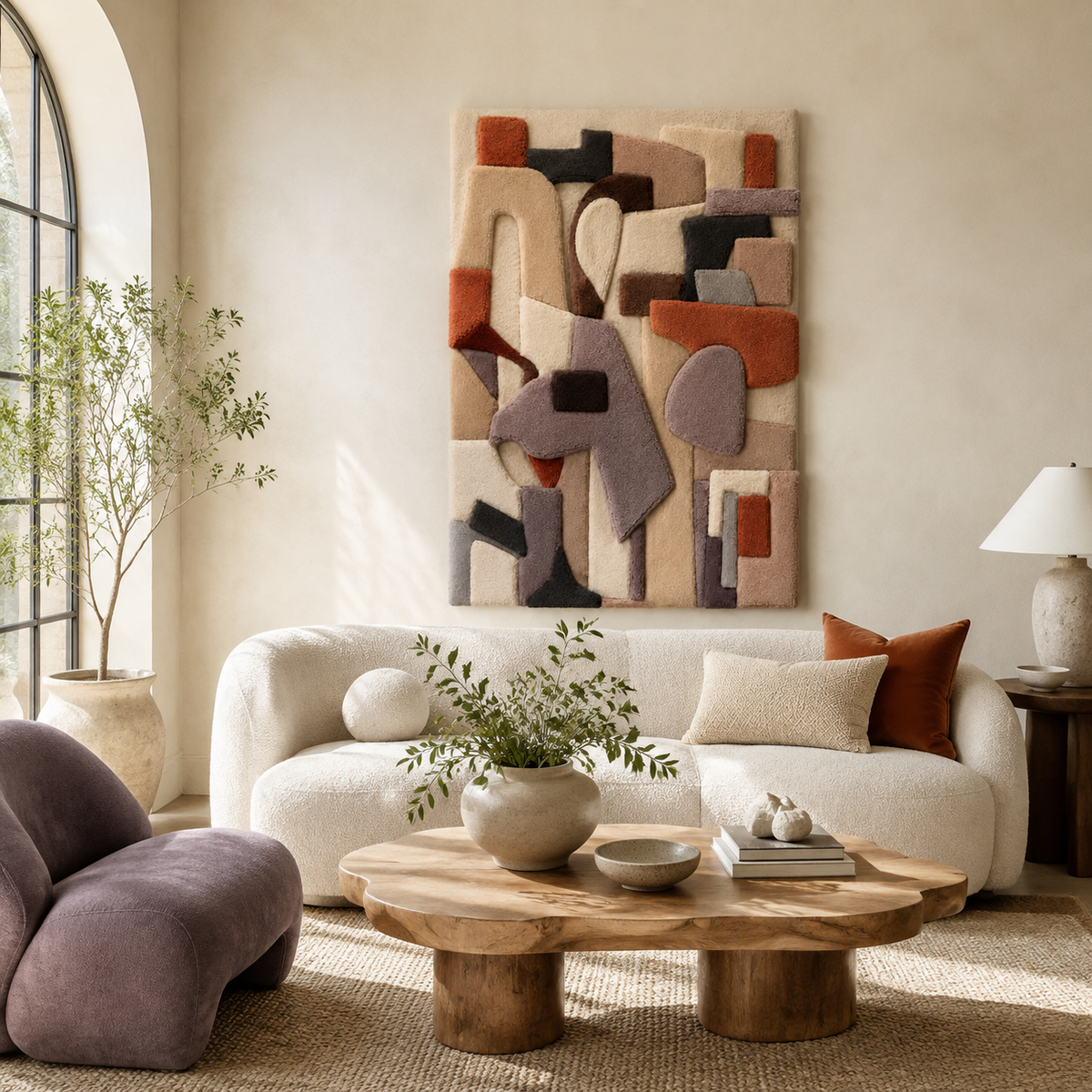 Hewn Earth Soft Geometry Assembly wall art featuring abstract, colorful geometric shapes on a neutral background.