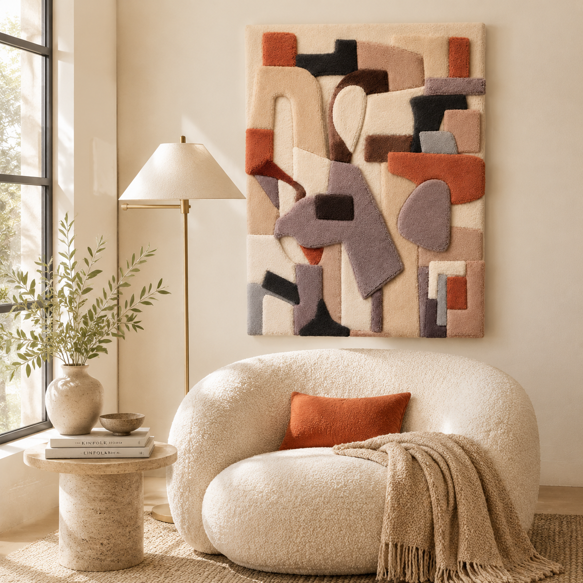 Hewn Earth Soft Geometry Assembly wall art featuring abstract, colorful geometric shapes on a neutral background.