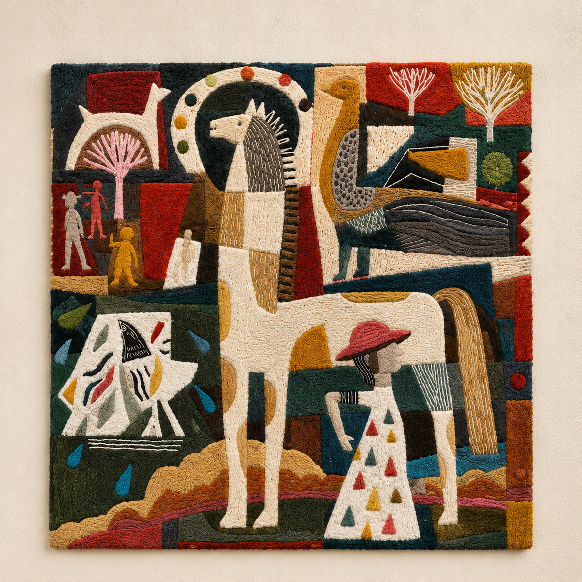 Hewn Earth Cubist Horse wall art with geometric horse design, mounted on a room wall, modern abstract decor piece.