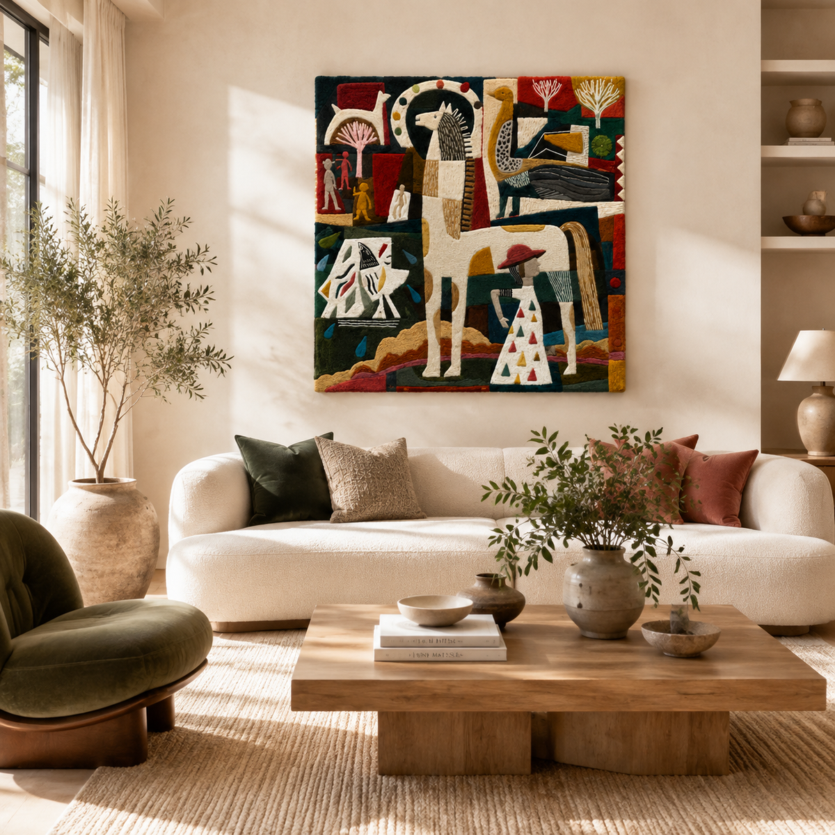 Hewn Earth Cubist Horse Wall Art featuring geometric, abstract design in neutral tones, displayed on a white wall.