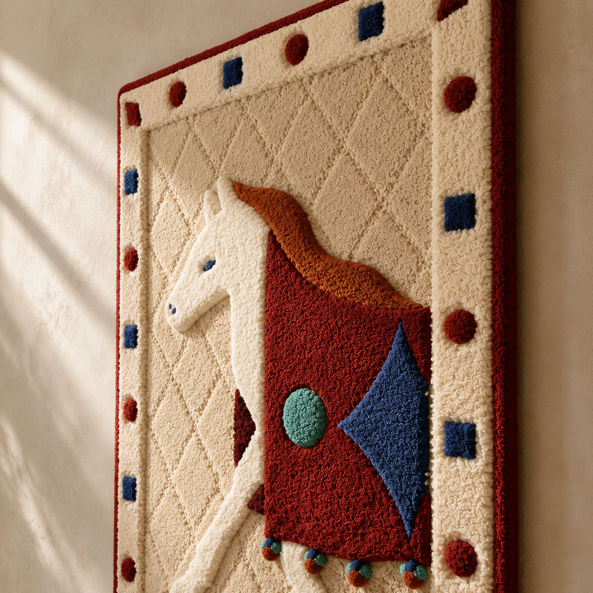 Colorful patchwork pony wall art by Hewn Earth, featuring vibrant fabric patterns and a whimsical design for nursery or room decor.