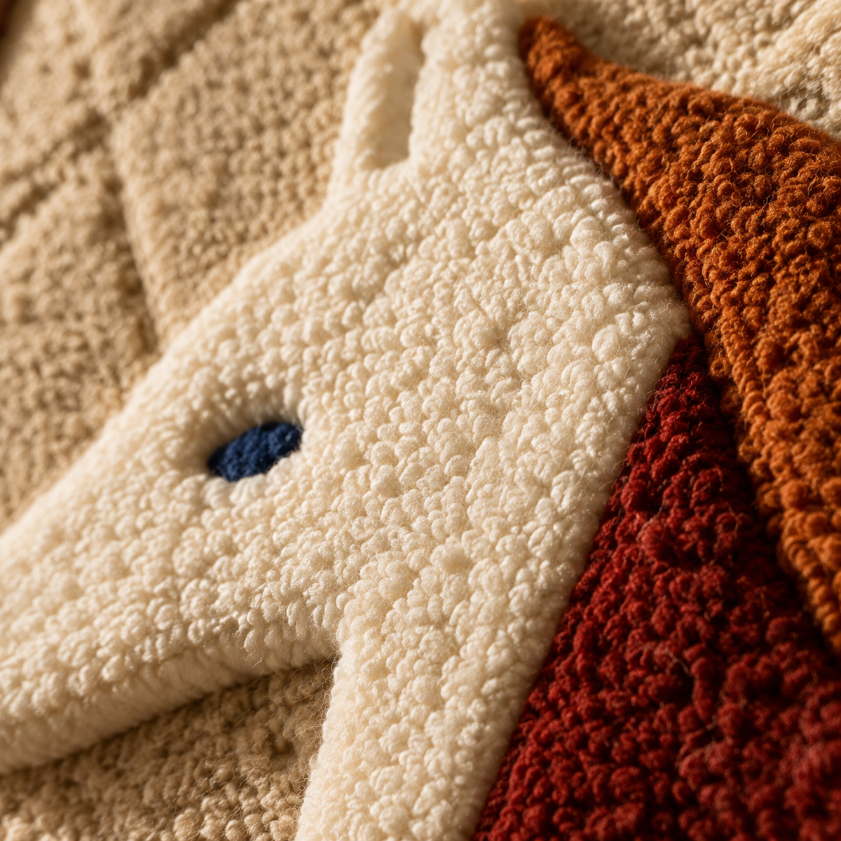 Detailed image of Hewn Earth Patchwork Pony wall art featuring colorful patchwork fabric and intricate stitching details.