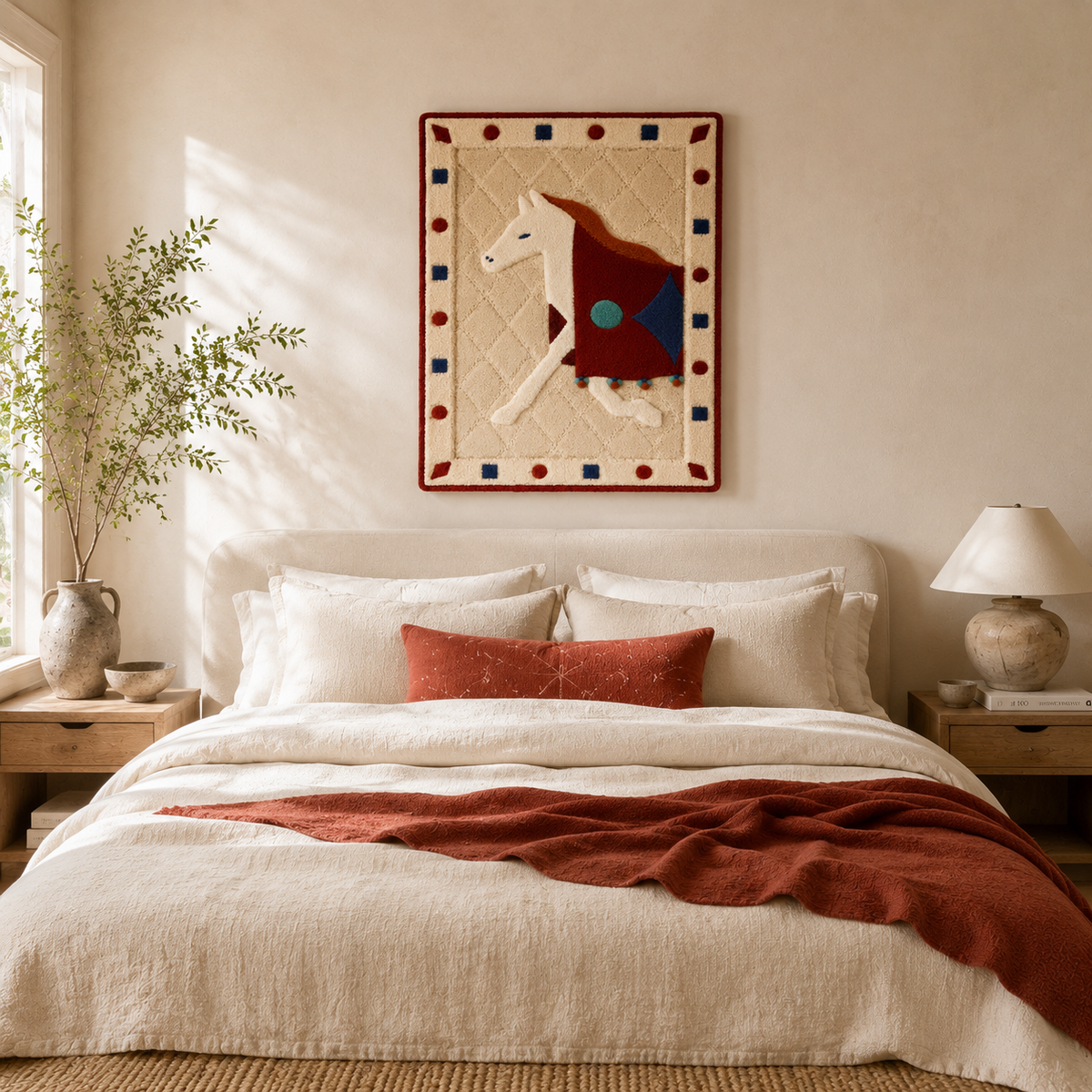 Colorful patchwork pony wall art by Hewn Earth, featuring vibrant fabric patterns in a playful, decorative design.