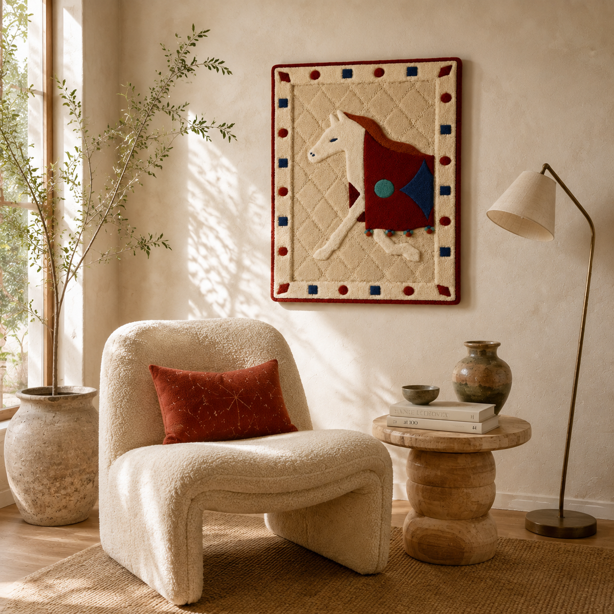 Colorful patchwork pony wall art by Hewn Earth featuring vibrant fabric patterns and a whimsical horse design for nursery decor