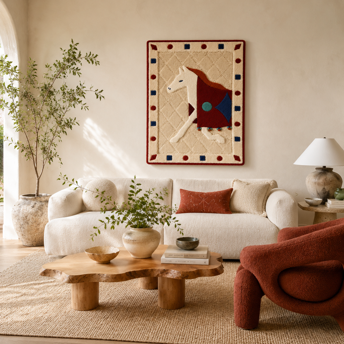 Colorful patchwork pony wall art by Hewn Earth featuring vibrant geometric patterns and a whimsical design.