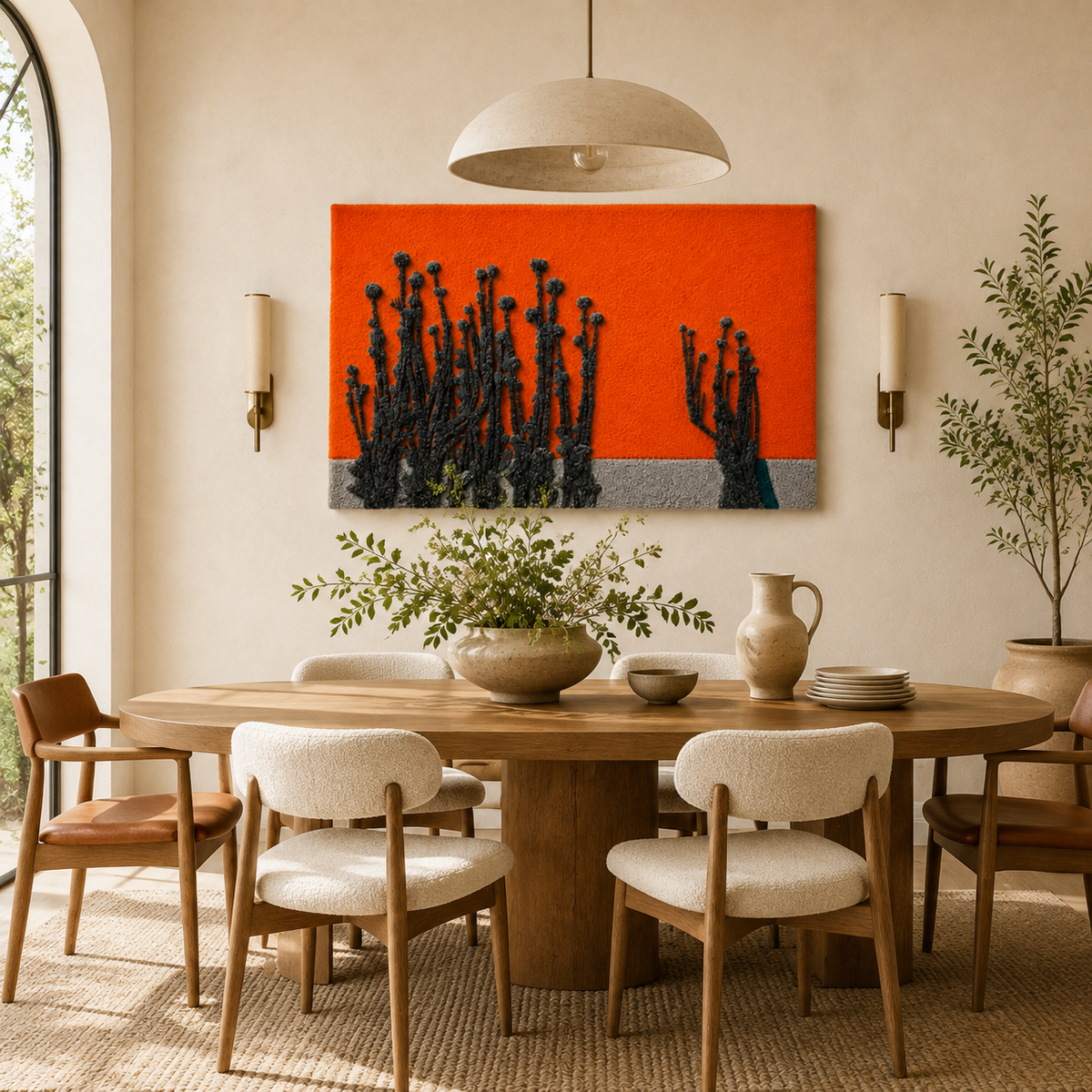 Hewn Earth Ember Reed Choir wall art featuring vibrant, colorful abstract design on a wall.