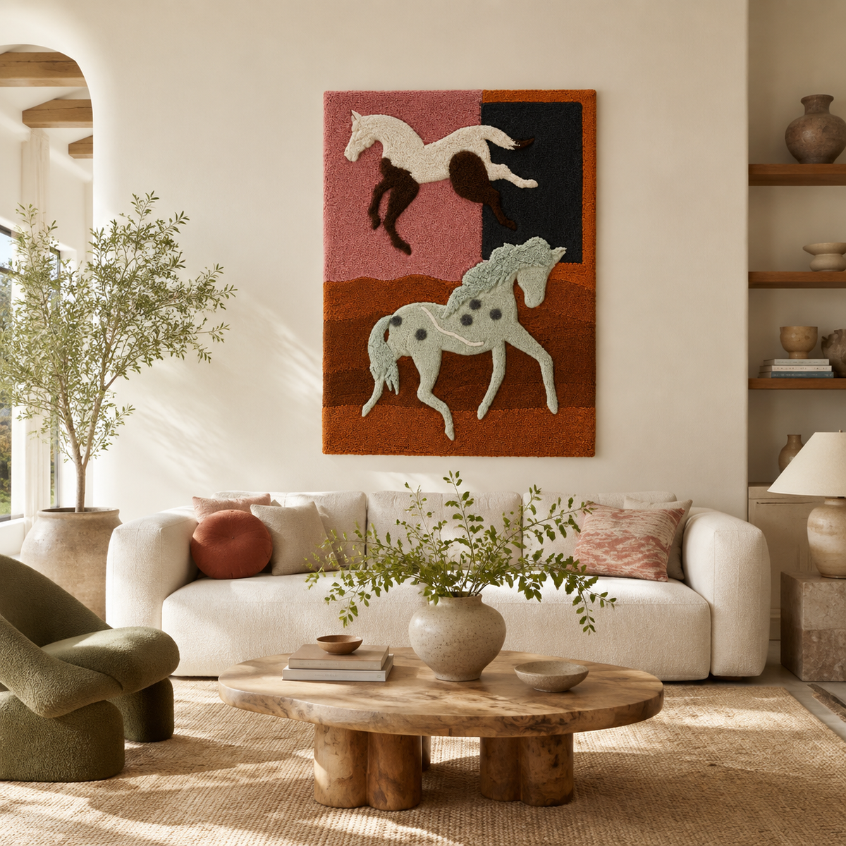 Hewn Earth wall art featuring three horses at dusk, showcasing a serene, natural landscape scene in a framed wall decoration.