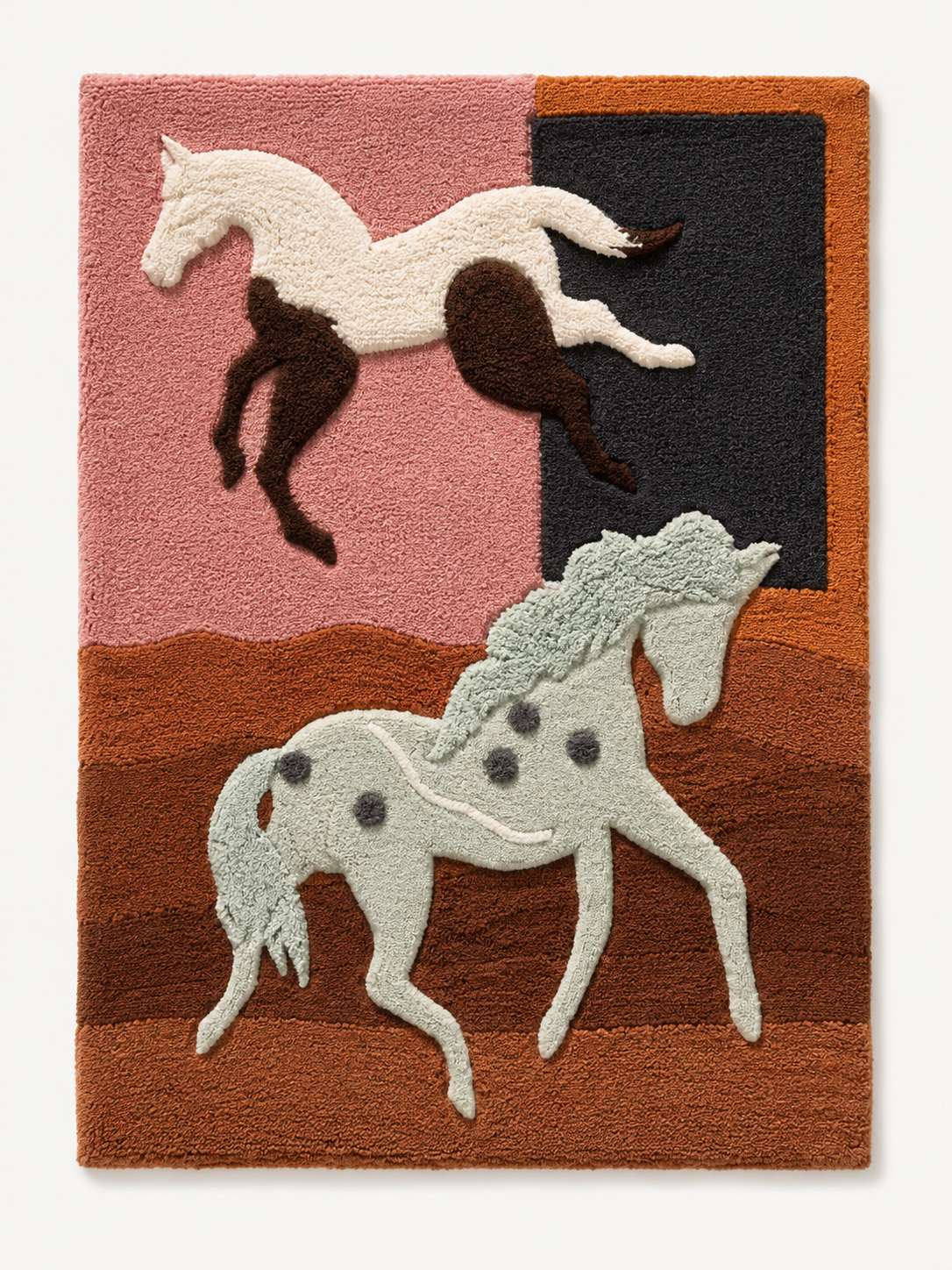 Three horses at dusk wall art by Hewn Earth, featuring a serene sunset scene with silhouetted horses in a natural landscape.