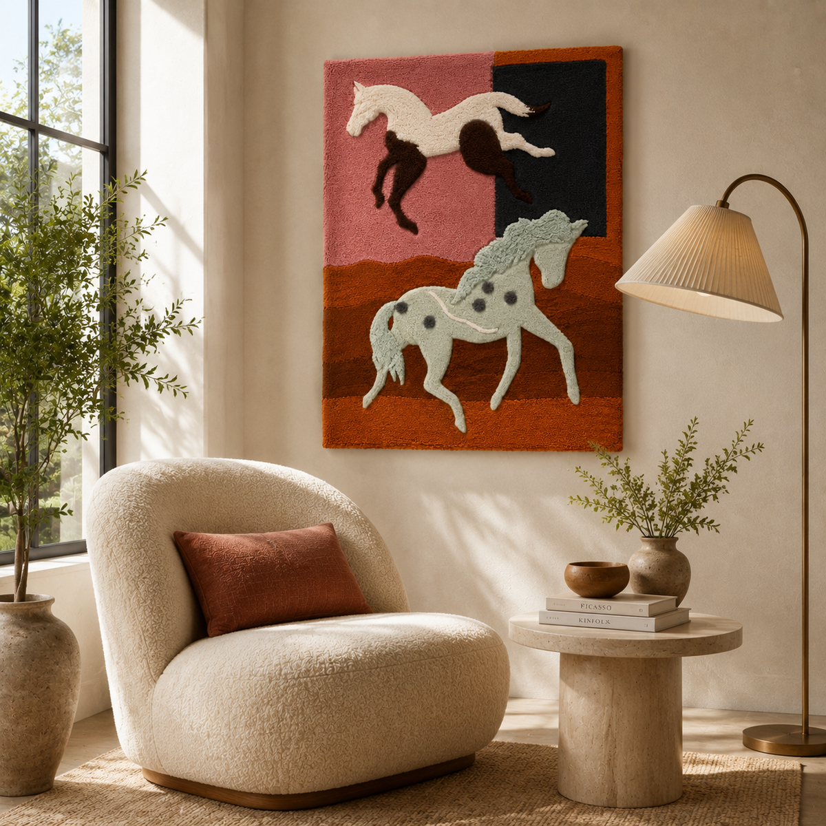 Three horses at dusk wall art by Hewn Earth, featuring silhouettes of horses against a dusky sky in a serene outdoor scene.