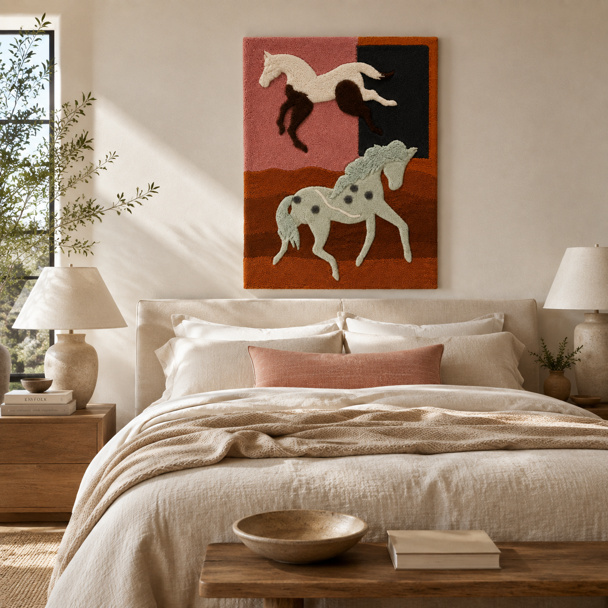 Hewn Earth wall art featuring three horses at dusk, showcasing silhouettes against a sunset sky on a decorative canvas.