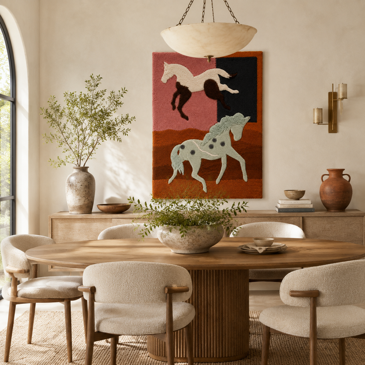 Hewn Earth wall art featuring three horses at dusk, showcasing a serene landscape scene with warm, muted tones.