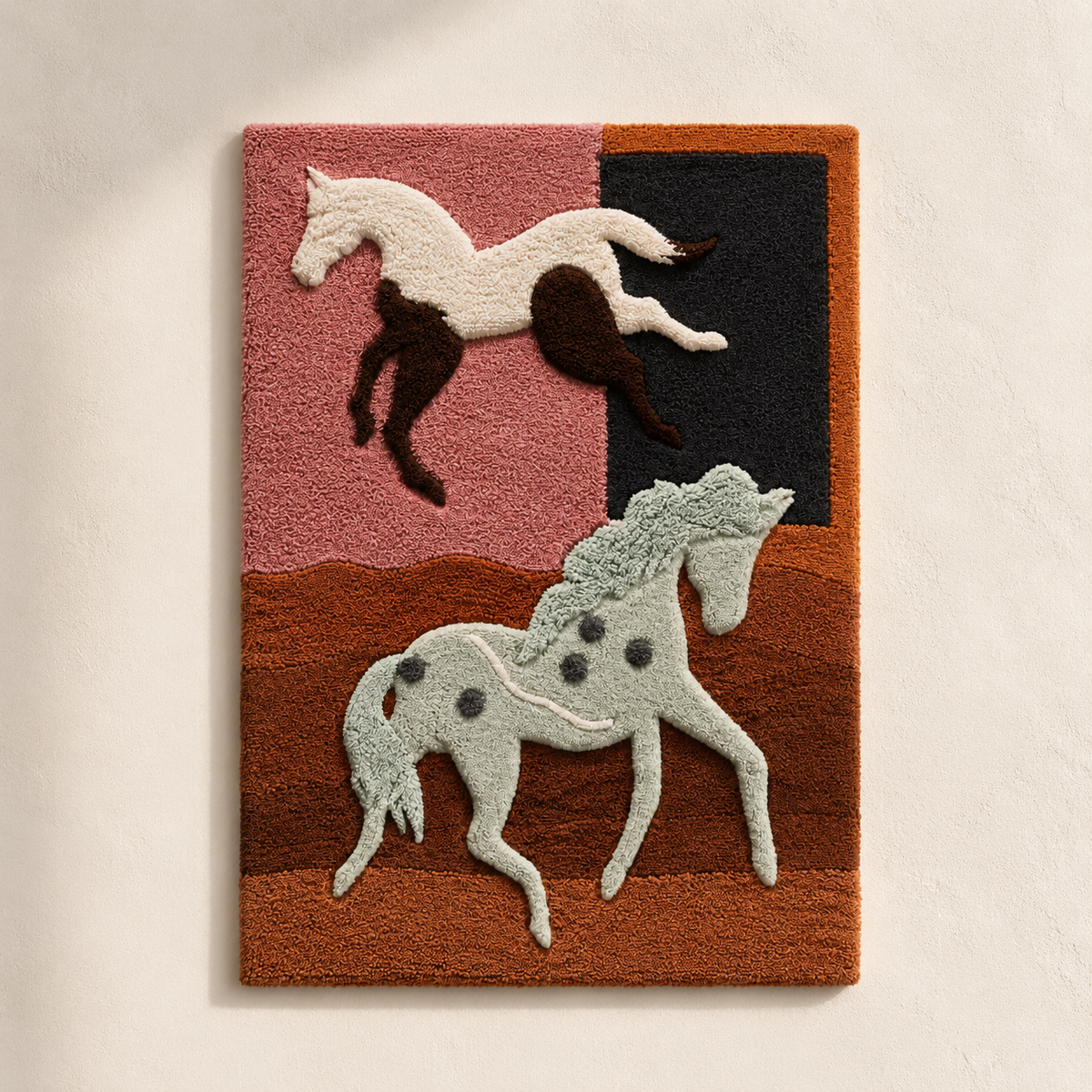 Three horses at dusk wall art by Hewn Earth, featuring a serene scene of horses silhouetted against a dusky sky on a wall decor print.