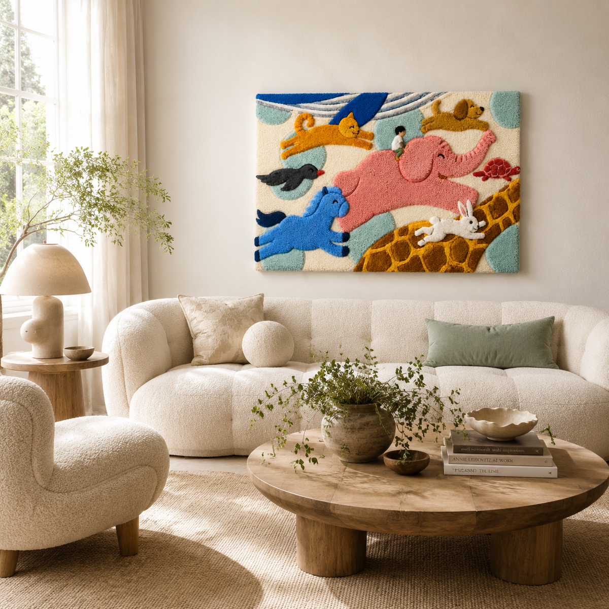 Colorful wall art featuring playful animals from the Skybound Animal Parade by Hewn Earth, perfect for children's room decor.