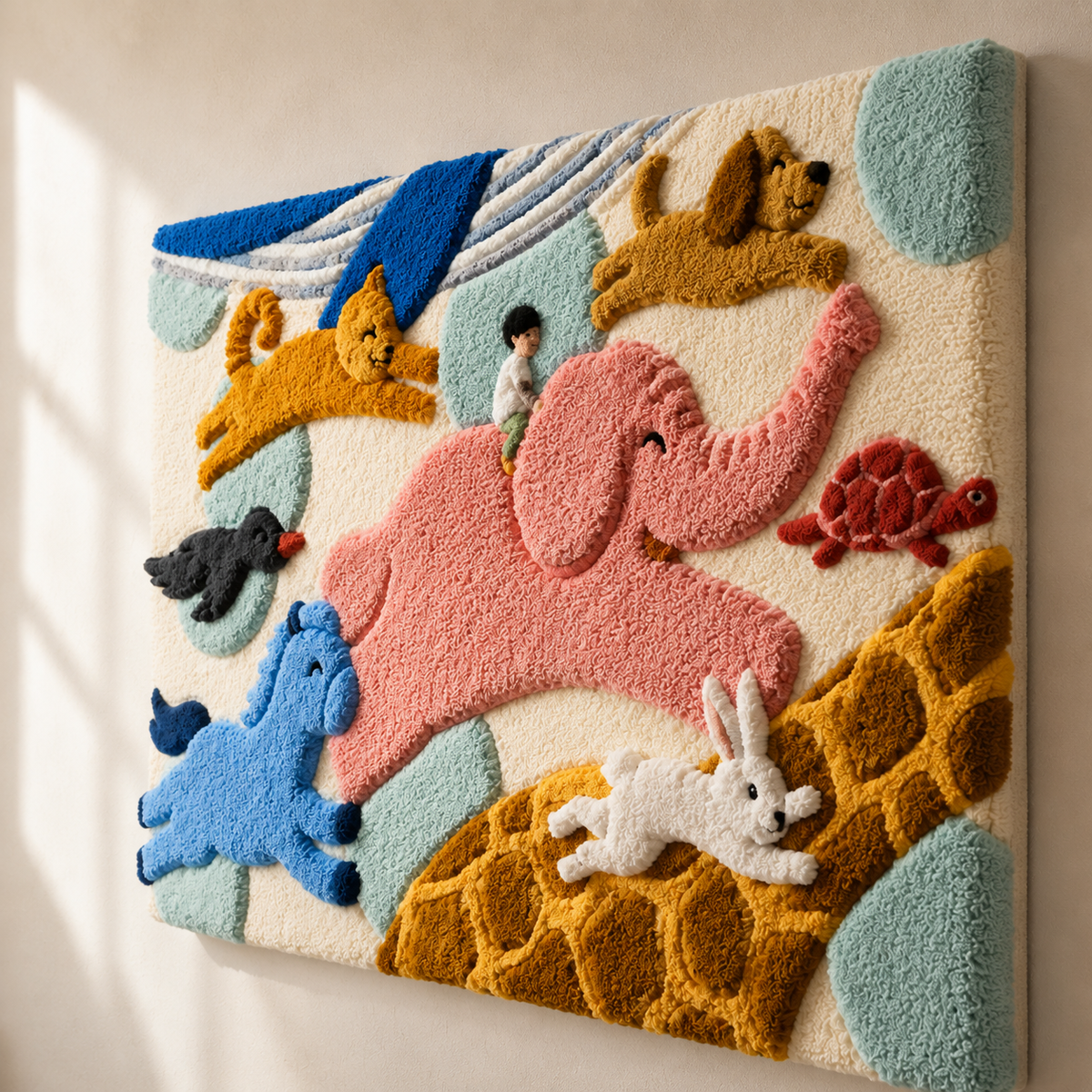 Colorful Skybound Animal Parade Hewn Earth wall art featuring playful animal illustrations on a vibrant background.