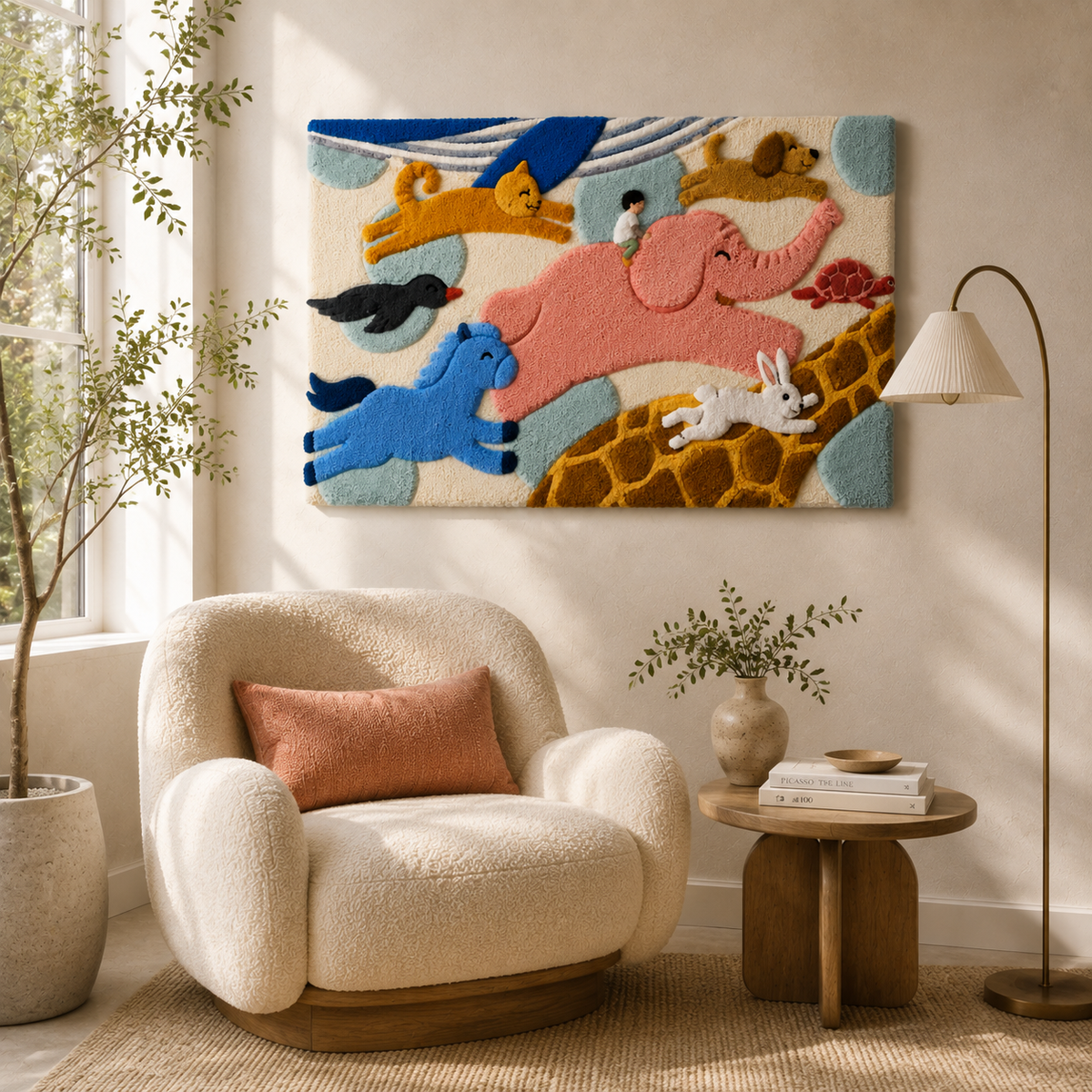 Colorful Hewn Earth Skybound Animal Parade wall art featuring whimsical animals in a vibrant parade scene.