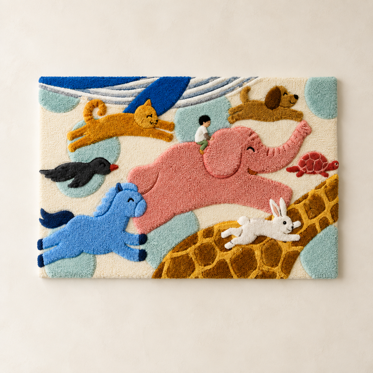Colorful Skybound Animal Parade wall art by Hewn Earth featuring whimsical animal illustrations in vibrant hues.