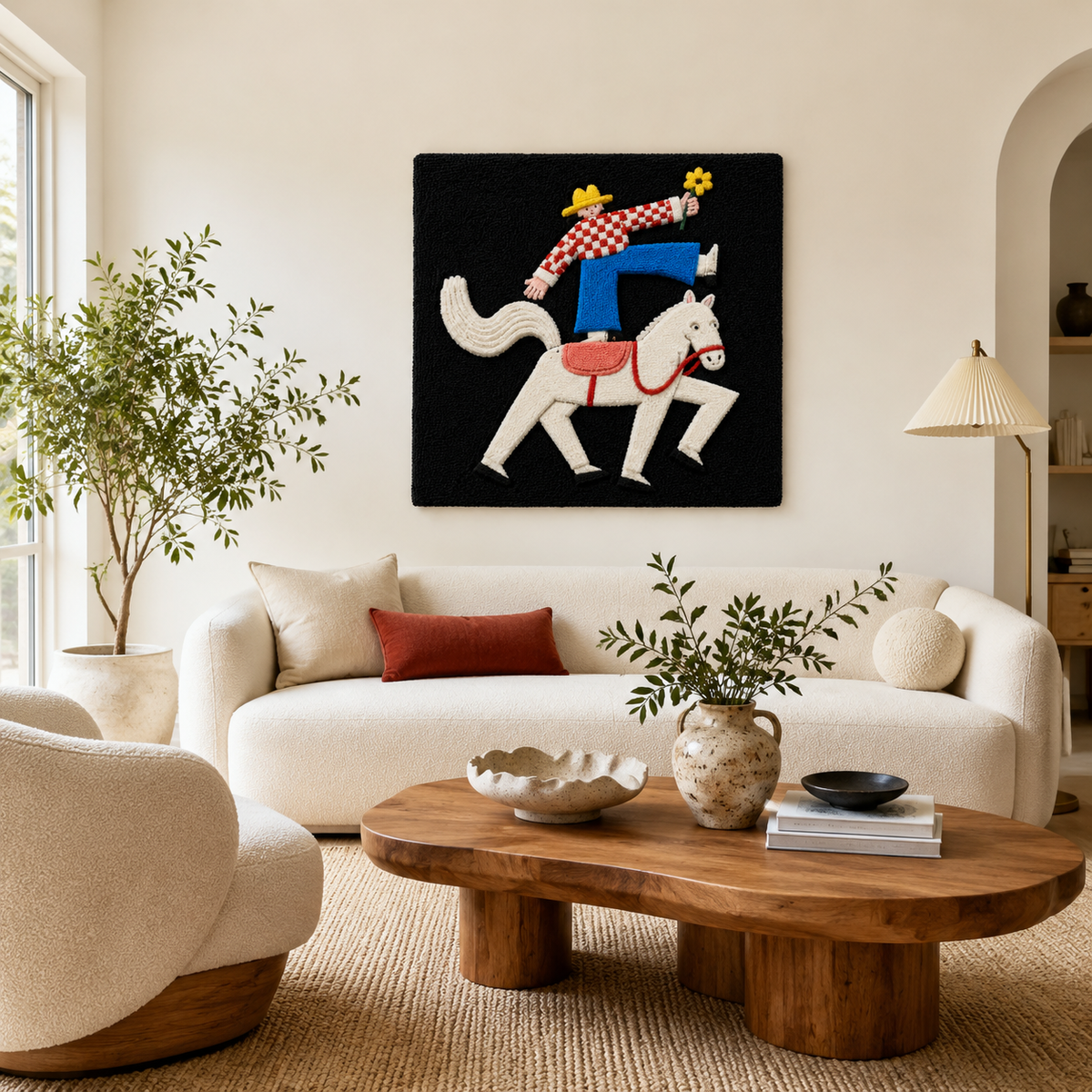 White Horse Vaquero wall art by Hewn Earth, featuring a detailed illustration of a horse in a rustic, artistic style.