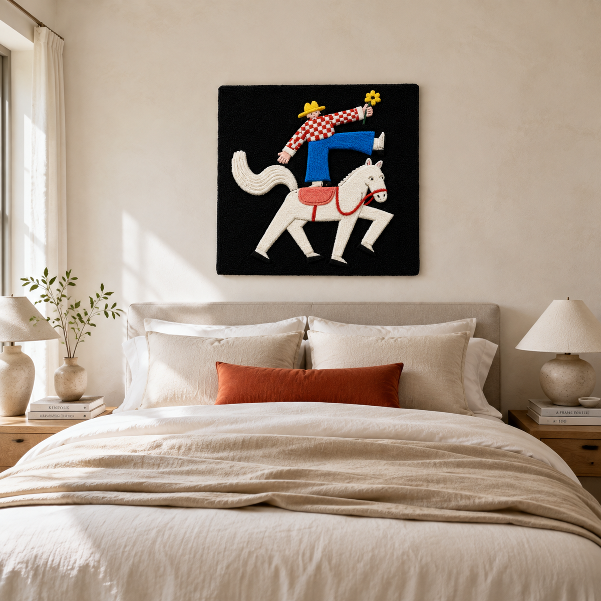 White Horse Vaquero wall art by Hewn Earth featuring a detailed illustration of a white horse in a rustic style.