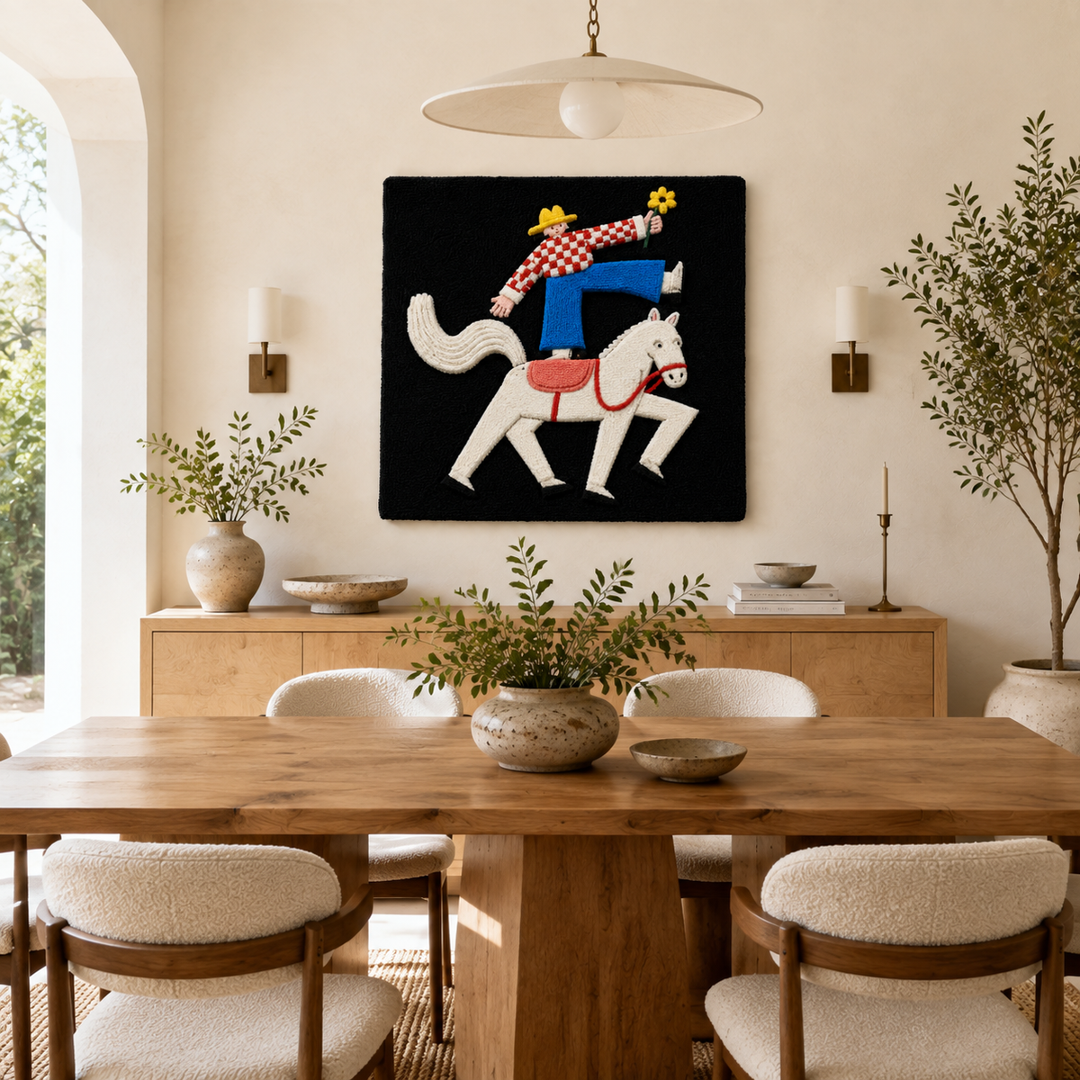 White Horse Vaquero wall art by Hewn Earth showing a detailed illustration of a cowboy riding a white horse.