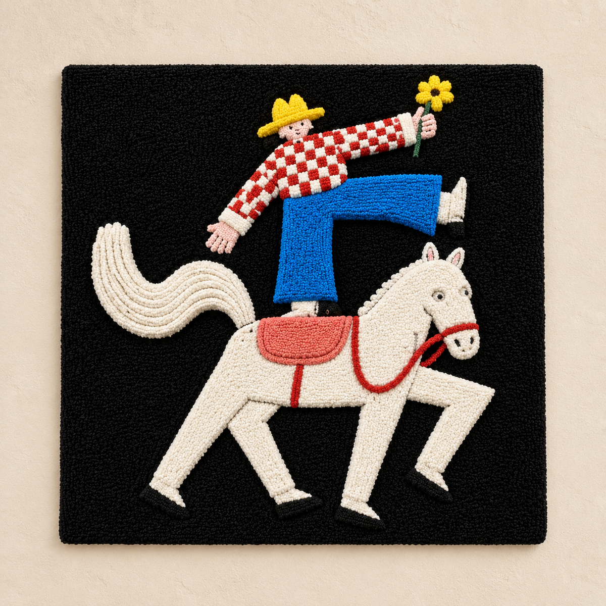 White horse vaquero wall art by Hewn Earth, featuring a detailed illustration of a cowboy riding a white horse.