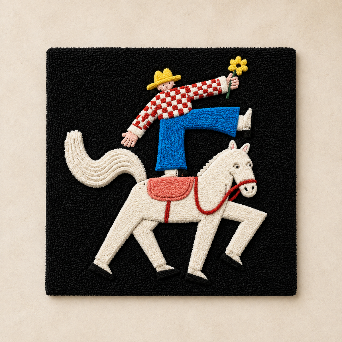 White horse vaquero wall art by Hewn Earth featuring a detailed illustration of a cowboy riding a white horse.