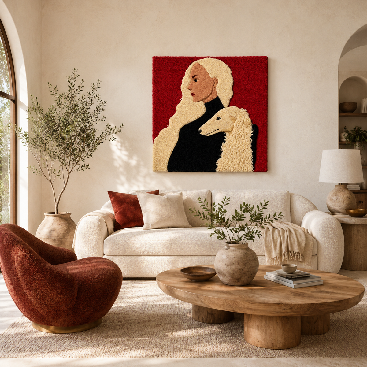 Hewn Earth Scarlet Companion wall art featuring vibrant, detailed illustration on a wall display.